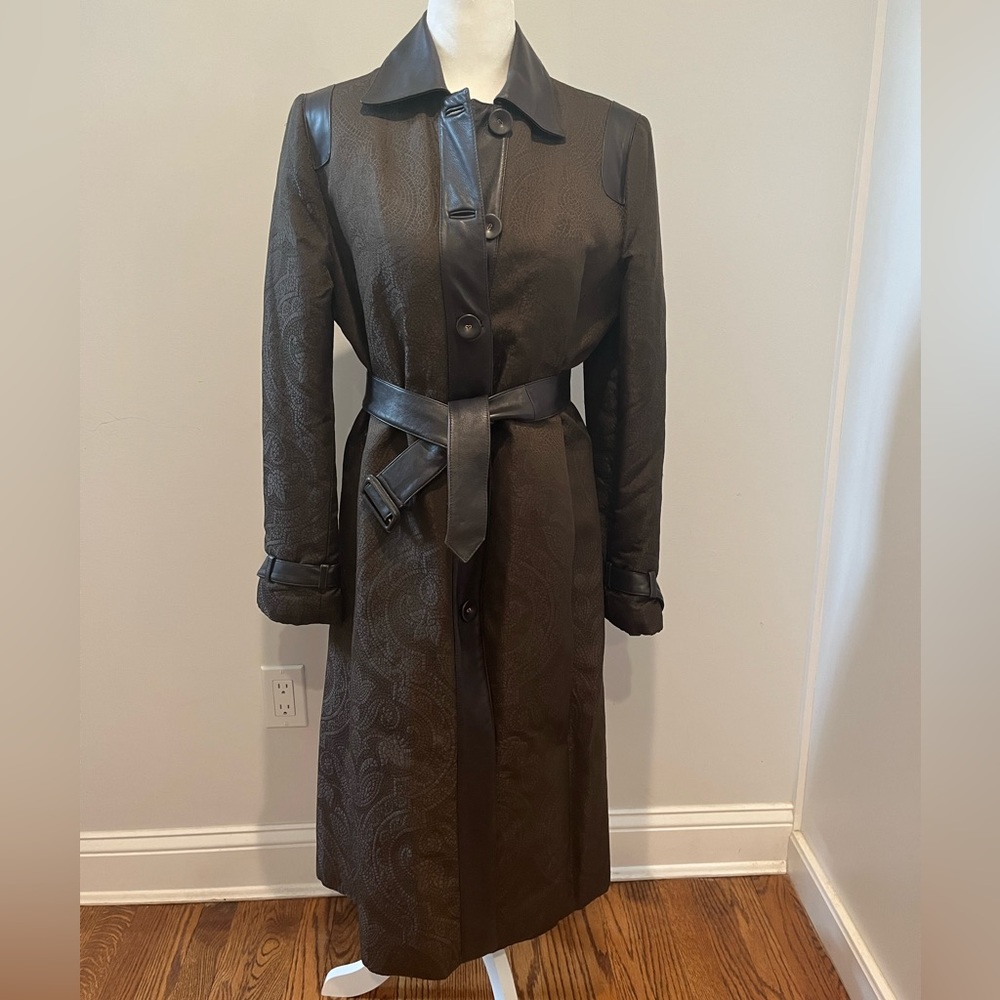 Linda Allard Ellen Tracy Quilty Long Coat w/Leather Trim and belt
